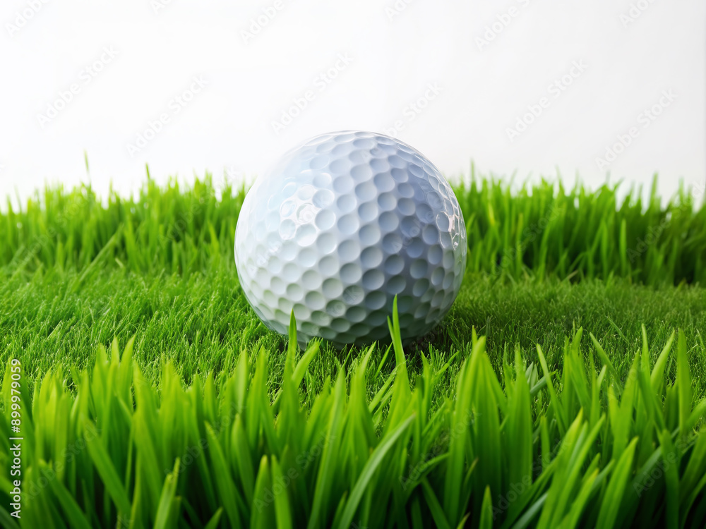 A pristine golf ball rests on a vibrant green grass field, perfectly centered and isolated against a clean white background, evoking a sense of tranquility. A pristine golf ball rests on a vibrant green grass field, perfectly centered and isolated against a clean white background, evoking a sense of tranquility.