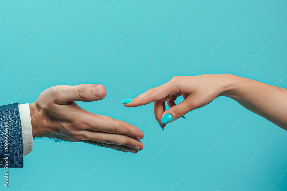 Two hands are touching each other, one of which has a blue nail polish Two hands are touching each other, one of which has a blue nail polish