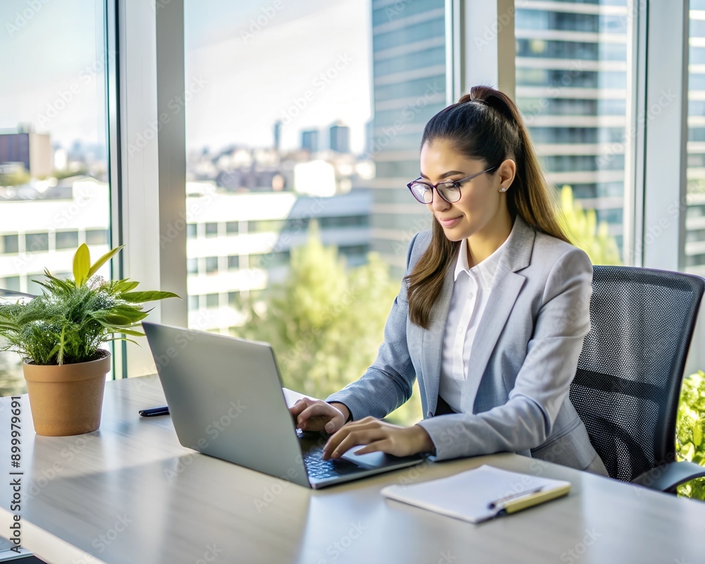 Woman working in office, sitting at desk, holding tablet, business style Woman working in office, sitting at desk, holding tablet, business style