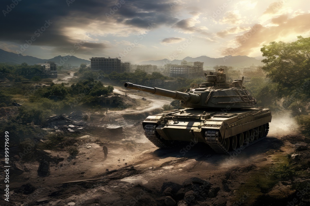 Tank driving through dirt in a painting, showcasing military power and rugged terrain.