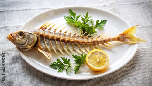 Delicately arranged fresh fishbone on white porcelain plate with lemon wedge and sprig of parsley on crisp white tablecloth background. photo