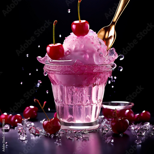 cherry ice cream with fruits and on cup and beautiful background
