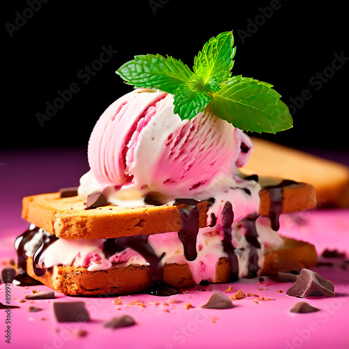 scoop of mint ice cream with chocolate on crispy cookie