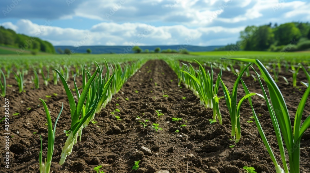 Rows of young green plants sprout in rich, fertile soil under a partly cloudy sky, capturing the essence of sustainable agriculture and fresh beginnings in a rural landscape. Rows of young green plants sprout in rich, fertile soil under a partly cloudy sky, capturing the essence of sustainable agriculture and fresh beginnings in a rural landscape.