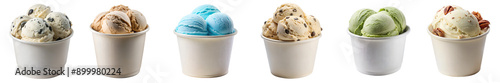 Delicious Variety of Ice Cream Cups Butter Pecan, Cookies & Cream, Matcha, Bubble Gum, Coffee, Chocolate Chip, and Salted Caramel cutout PNG file photo