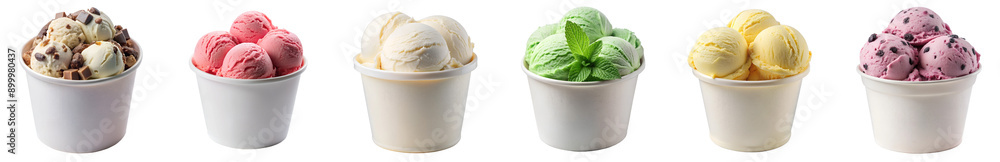 Assorted ice cream cups display six flavors: rocky road, strawberry, vanilla, mint, banana, and black raspberry. each flavor is presented in a white cup, offering a vibrant array of color Assorted ice cream cups display six flavors: rocky road, strawberry, vanilla, mint, banana, and black raspberry. each flavor is presented in a white cup, offering a vibrant array of color