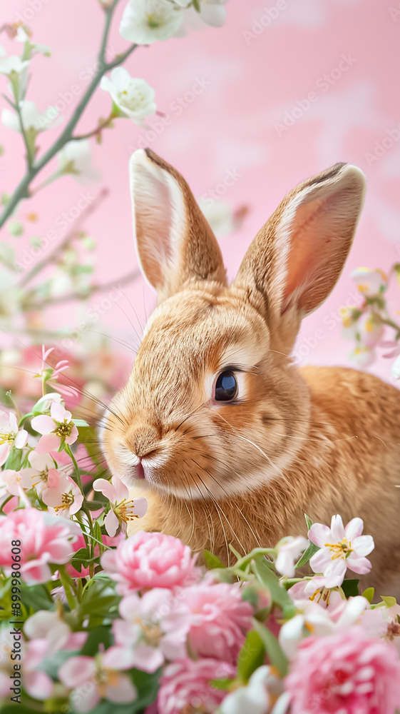 A rabbit is sitting in a field of pink flowers A rabbit is sitting in a field of pink flowers