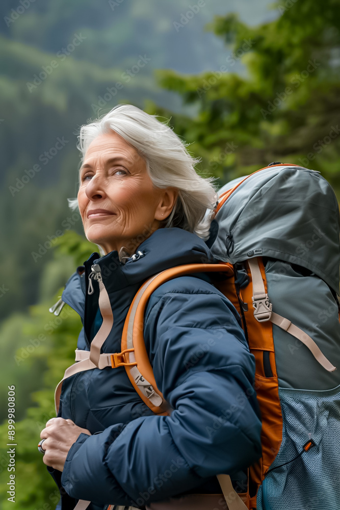 A woman with a backpack is smiling and looking out over a mountain A woman with a backpack is smiling and looking out over a mountain
