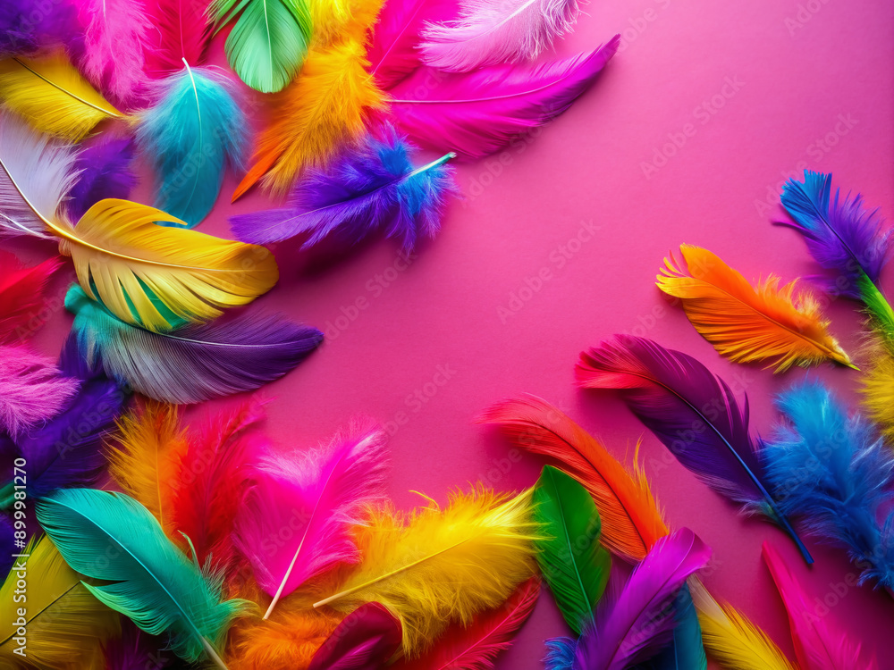 Vibrant colorful feathers scattered on a bright pink background in a flat lay, perfect for Mardi Gras themed designs with ample space for copy text or graphics. Vibrant colorful feathers scattered on a bright pink background in a flat lay, perfect for Mardi Gras themed designs with ample space for copy text or graphics.