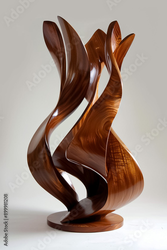 A wooden sculpture of a flower with a spiral shape