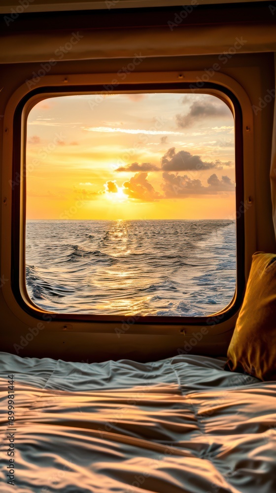 Luxurious and peaceful sunset view through the yacht window in the evening. Luxurious surroundings and a peaceful sunset. Luxurious and peaceful sunset view through the yacht window in the evening. Luxurious surroundings and a peaceful sunset.