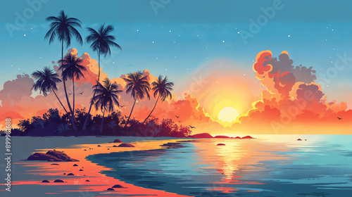 Tropical Sunset Over Calm Beach with Palm Trees