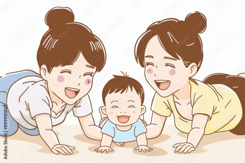 Happy family in garden with parents holding babies emphasizing love and nature in a colorful cheerful illustration Happy family in garden with parents holding babies emphasizing love and nature in a colorful cheerful illustration