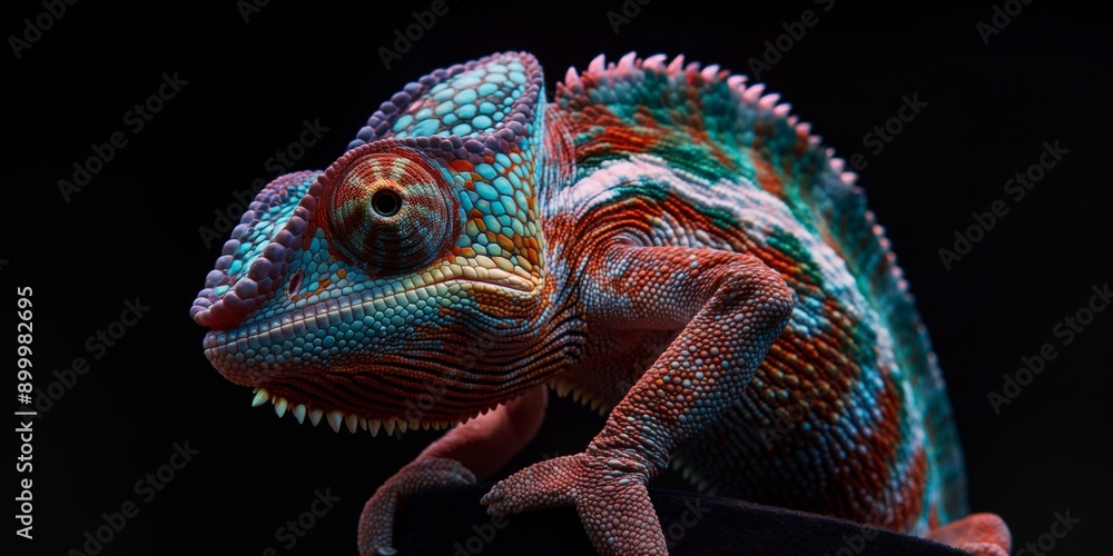 A colorful lizard with a blue head and green and red body. The lizard is sitting on a black surface A colorful lizard with a blue head and green and red body. The lizard is sitting on a black surface