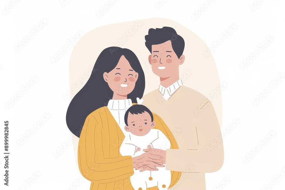 Obraz premium Young family with baby illustration serene colors gentle expressions intimate family moment digital art cozy atmosphere bonding affection heartwarming scene pastel hues
