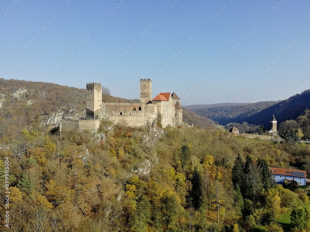 Burg Hardegg a medieval gothic castle in Lower Austria on the border with the Czech Republic, panorama landscape view.
Burg Hardegg a medieval gothic castle in Lower Austria on the border with the Czech Republic, panorama landscape view.