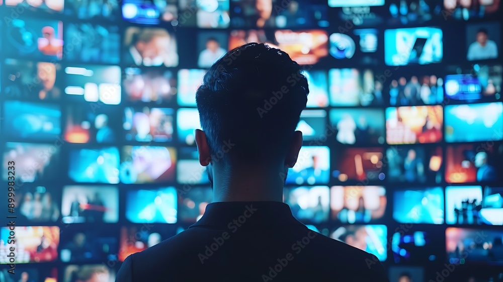 A man stands in front of a large screen displaying various video feeds. A man stands in front of a large screen displaying various video feeds.