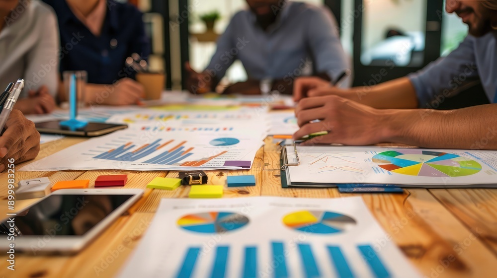 Fototapeta premium Financial charts and graphs spread out on a conference table, representing collaborative investment strategy sessions.