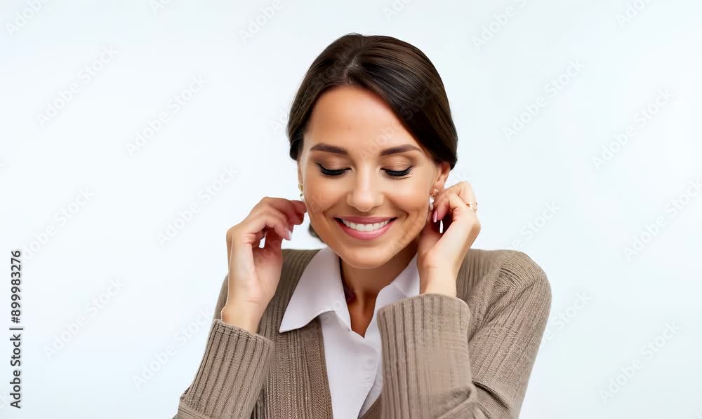 Medium shot portrait video of a pleased woman in her 30s that is wearing a chic cardigan against a white background Medium shot portrait video of a pleased woman in her 30s that is wearing a chic cardigan against a white background