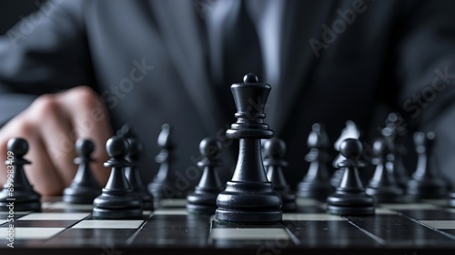 Wallpaper Mural Close-up of a chessboard with a black queen in the foreground.  A man in a suit is sitting behind the board. Torontodigital.ca