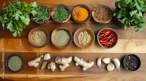 An assortment of fresh herbs and spices, including parsley, ginger, garlic, and chili peppers, neatly arranged on a wooden surface. Ideal for showcasing natural and organic culinary ingredients.