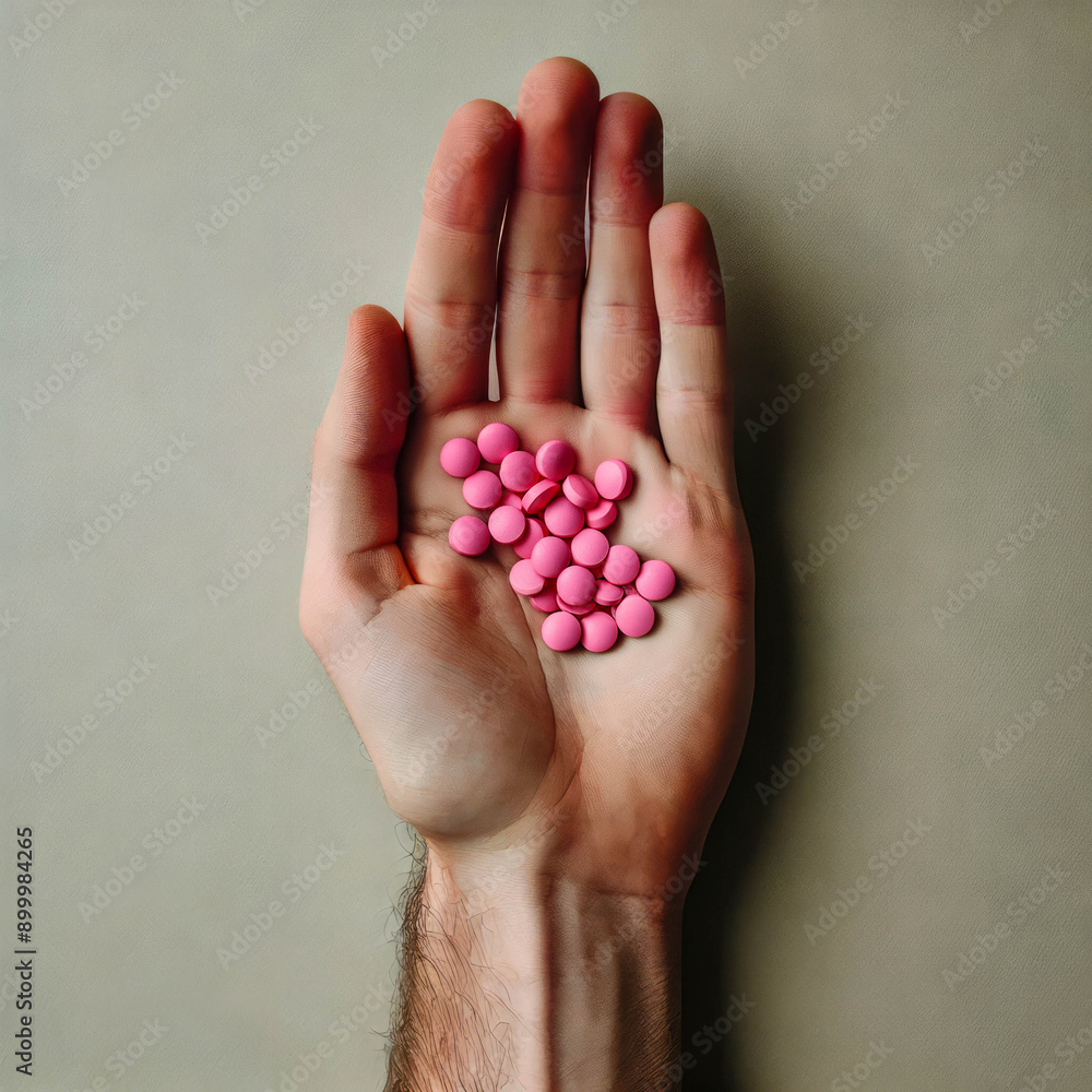 A person holds a palm full of pink pills, showcasing their shape and color against a muted backdrop with soft lighting A person holds a palm full of pink pills, showcasing their shape and color against a muted backdrop with soft lighting