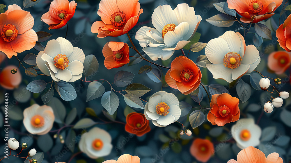 Exquisite Seamless Floral Pattern with Pink white orange yellow Blossoms on Blue Background Exquisite Seamless Floral Pattern with Pink white orange yellow Blossoms on Blue Background
