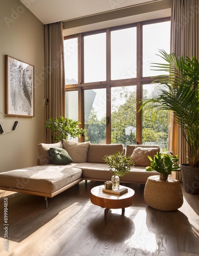 A cozy living room with a stylish sofa, coffee table, and decorative plants, bathed in natur 