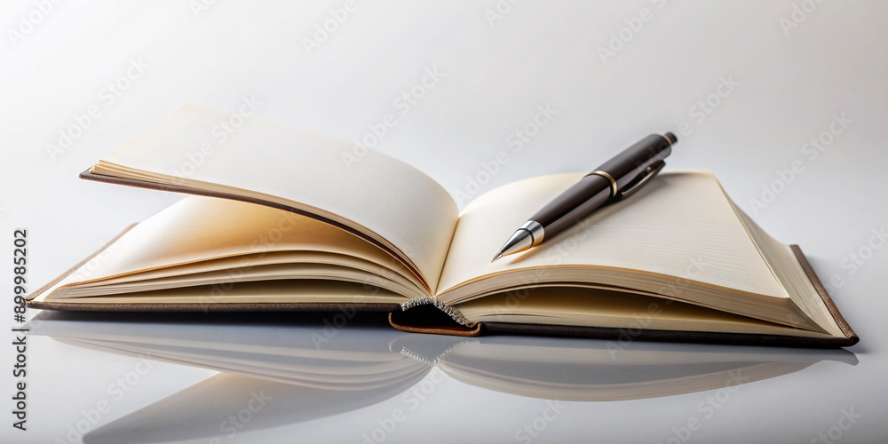 Open book with pen lying on a pristine white background, conveying a sense of knowledge, education, and personal growth in a clean and minimalist setting. Open book with pen lying on a pristine white background, conveying a sense of knowledge, education, and personal growth in a clean and minimalist setting.
