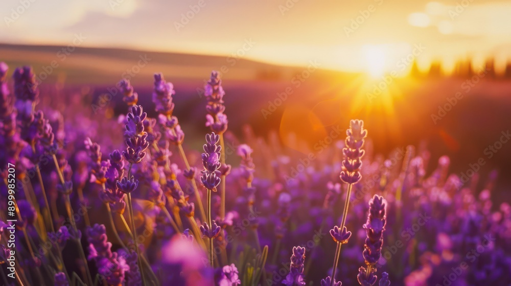 Obraz premium A peaceful and aromatic scene of a lavender field during the golden hour. Peaceful lavender field during sunset, close-up of lavender flowers