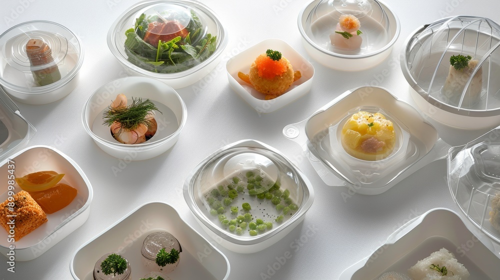 An overhead view of assorted gourmet appetizers in clear containers, showcasing a variety of visually appealing and elegant dishes, perfect for catering, events, and fine dining presentations. An overhead view of assorted gourmet appetizers in clear containers, showcasing a variety of visually appealing and elegant dishes, perfect for catering, events, and fine dining presentations.