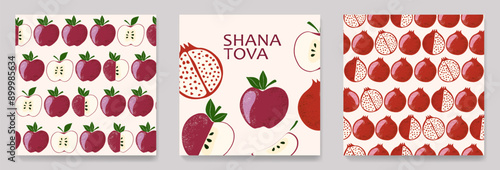 Set of cartoon style postcards for Jewish holiday Rosh Hashanah with seamless pattern of apples and pomegranates. Set of vector backgrounds for design of postcards, greetings, textiles, packaging.