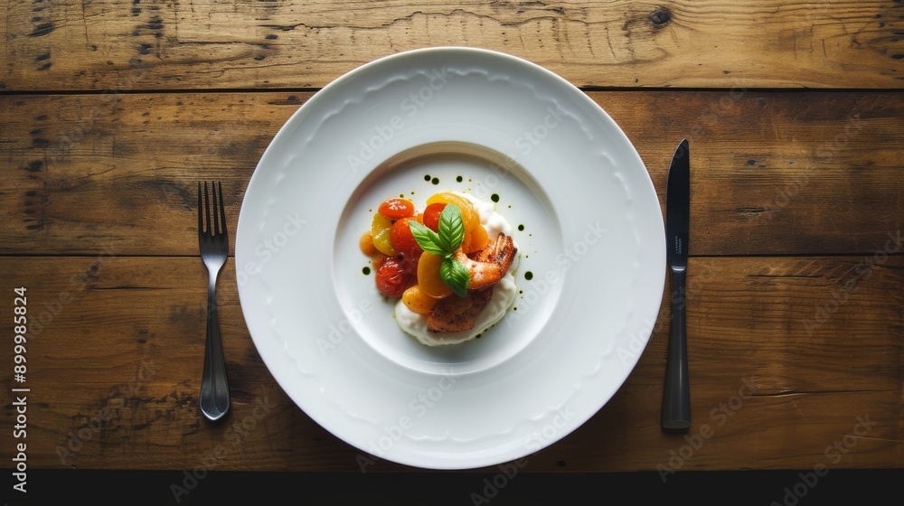 A single gourmet dish featuring tomatoes and fresh herbs is elegantly placed on a white plate set on a rustic wooden table, embodying a minimalist and refined culinary aesthetic. A single gourmet dish featuring tomatoes and fresh herbs is elegantly placed on a white plate set on a rustic wooden table, embodying a minimalist and refined culinary aesthetic.