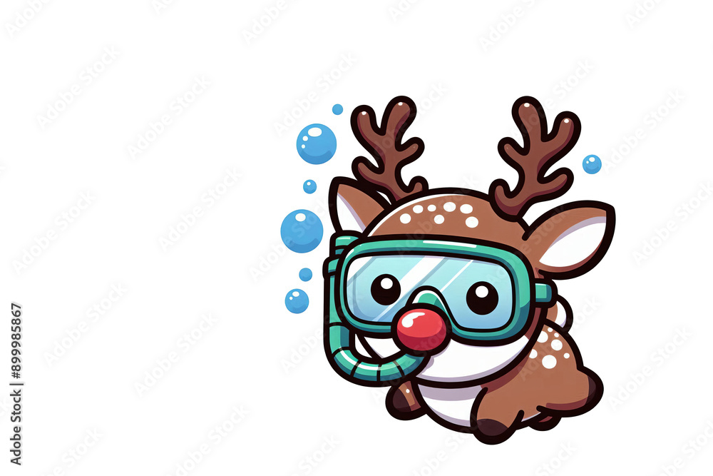 Naklejka premium Swimming reindeer with brown and white fur, snorkeling gear, underwater with bubbles. Creative and quirky illustration merging reindeer with tropical snorkeling activity, unexpected and eye-catching