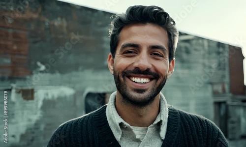 Medium shot portrait video of a grinning man in his 40s that is wearing a chic cardigan against an industrial or urban decay background photo