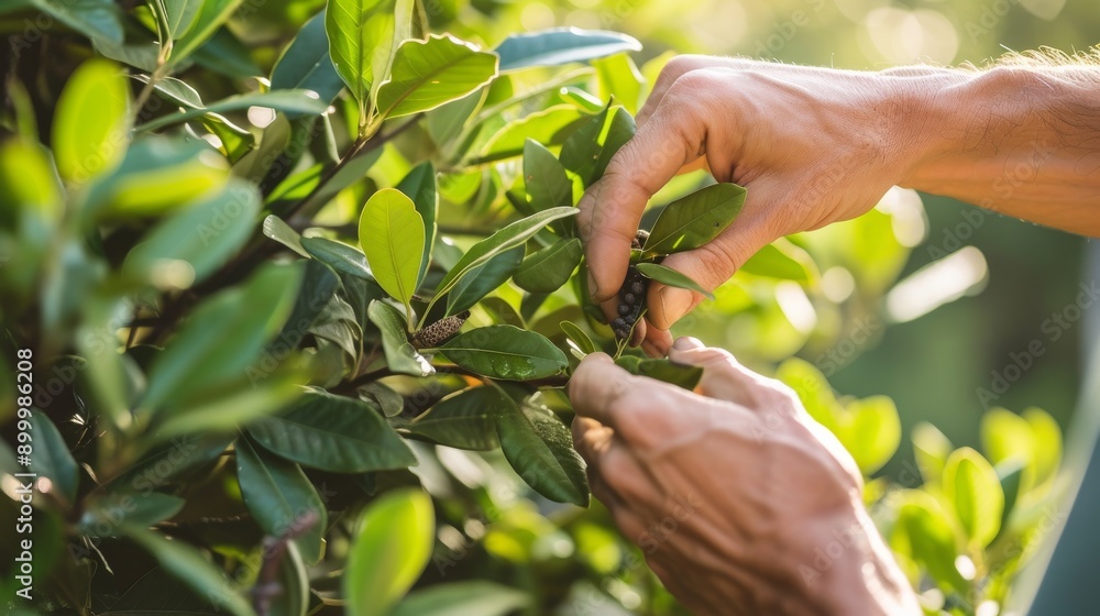 Close-up of hands carefully pruning leaves on a lush green shrub, capturing a moment of meticulous gardening. The sunlight filtering through the foliage adds a warm, natural glow to the scene. Close-up of hands carefully pruning leaves on a lush green shrub, capturing a moment of meticulous gardening. The sunlight filtering through the foliage adds a warm, natural glow to the scene.