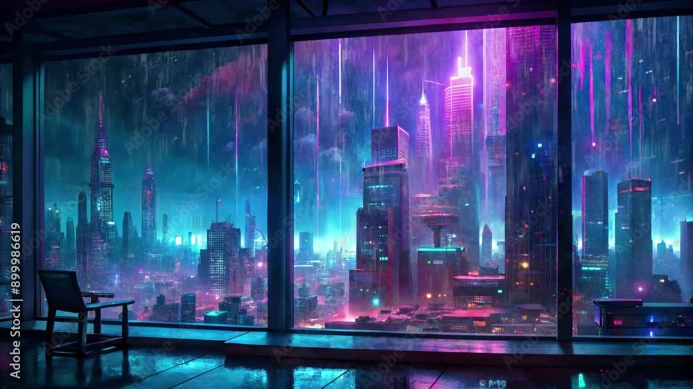 Futuristic cityscape at night with neon lights and thunderstorms viewed from a high-rise window Futuristic cityscape at night with neon lights and thunderstorms viewed from a high-rise window
