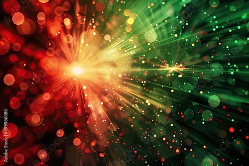 Red and green abstract background with festive firework bursts photo