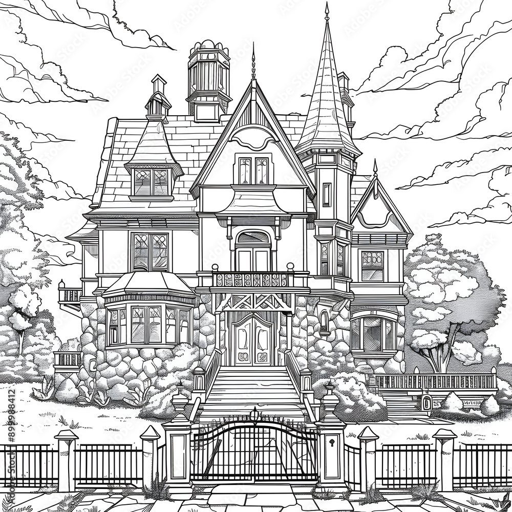 Obraz premium Rich exclusive luxurious mansion coloring page for children and adults. Stress relieving coloring activity for kids and adults.