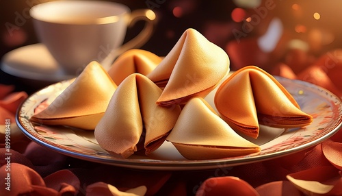 A fortune cookie is a crisp wafer typically containing a piece of paper with a message. These cookies are often served as a dessert in Chinese restaurants. photo