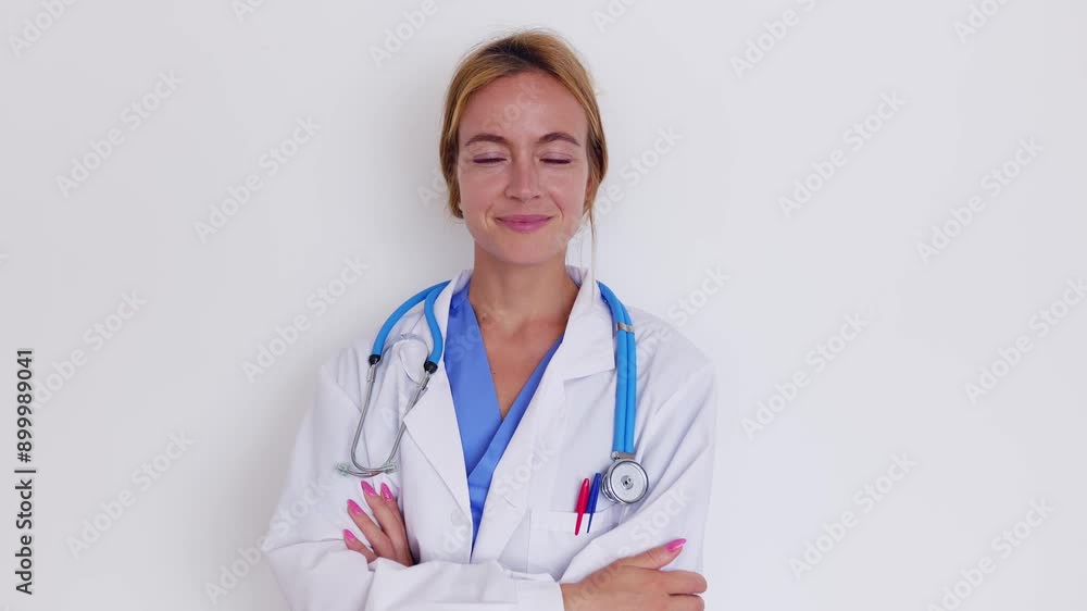 Smiling portrait of confident young female doctor with arms crossed over white background. She is wearing blue uniform and white lab coat. Healthcare people concept and medical hospital concept. Smiling portrait of confident young female doctor with arms crossed over white background. She is wearing blue uniform and white lab coat. Healthcare people concept and medical hospital concept.
