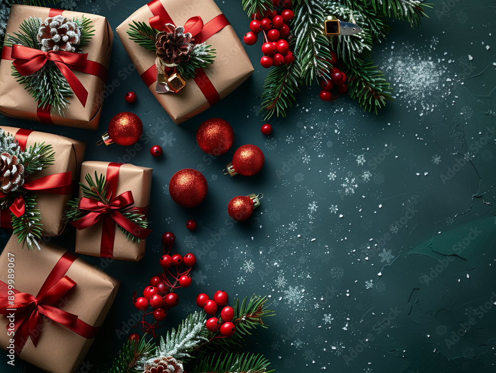 Bannière et background de Noël. Merry Christmas and Happy Holidays. Cadeaux emballés avec rubans rouges, branches de sapin, boules de Noël rouges, pommes de pin et flocons de neige sur fond bleu. Bannière et background de Noël. Merry Christmas and Happy Holidays. Cadeaux emballés avec rubans rouges, branches de sapin, boules de Noël rouges, pommes de pin et flocons de neige sur fond bleu.