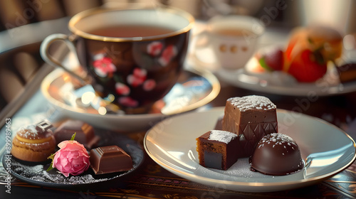 Tea and petit four with chocolate