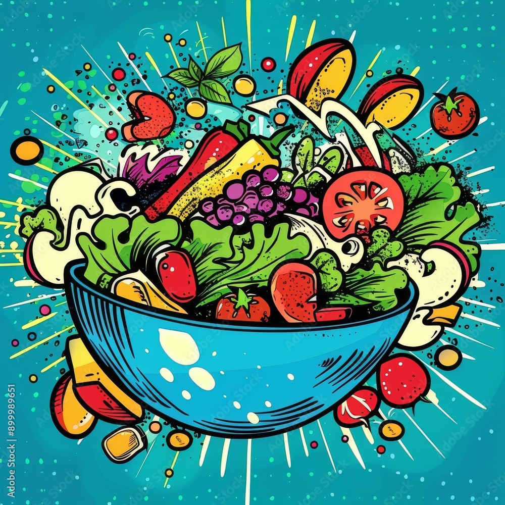 A colorful comic-style illustration of a salad bowl filled with an assortment of fresh vegetables and fruits, bursting with energy and vibrancy. Perfect for promoting healthy eating and fun food