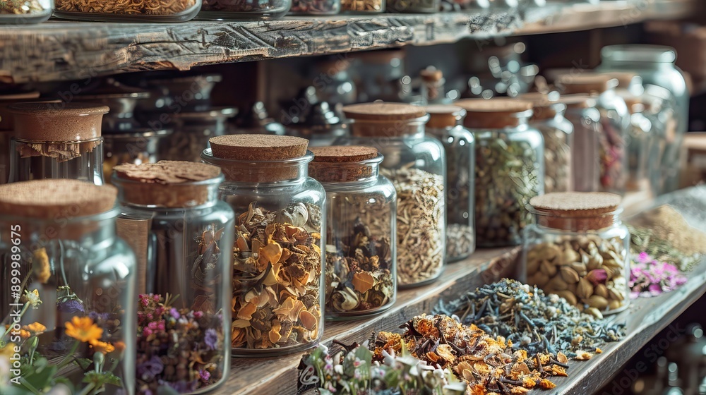 Assorted Dried Herbs and Flowers in Glass Jars on Wooden Shelves - Natural Herbal Apothecary Assorted Dried Herbs and Flowers in Glass Jars on Wooden Shelves - Natural Herbal Apothecary