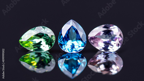 Colorful gemstones shining brightly. Beautiful reflections of gemstones on a dark surface. Vibrant diamond reflections highlighting exquisite details