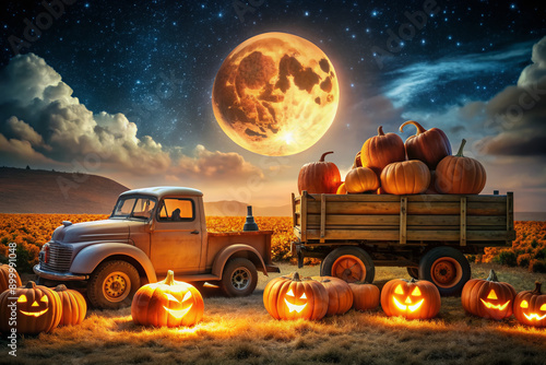 Spooky orange pumpkin truck illuminated under a full moon at night, surrounded by carved jack-o'-lanterns and farm pumpkins, exuding a chilling festive atmosphere. photo