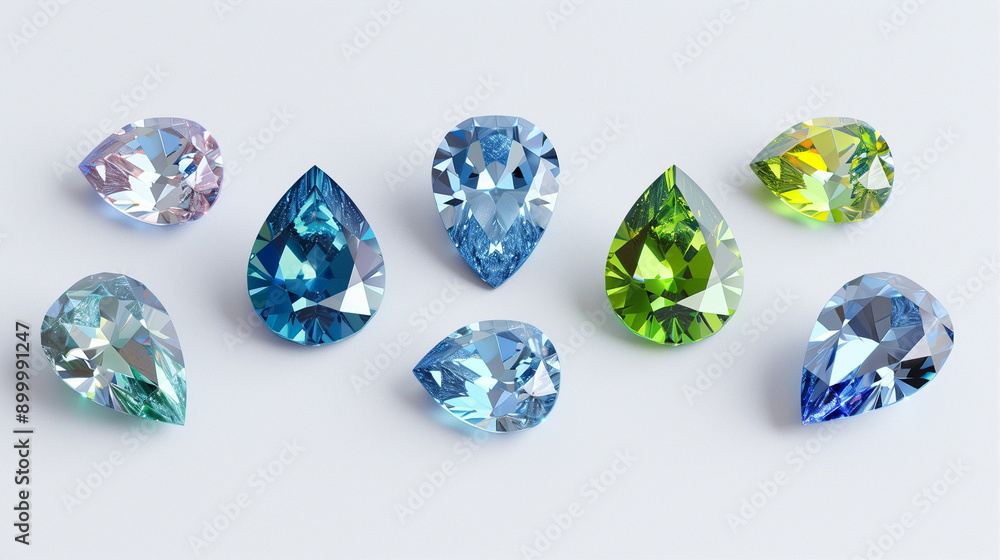 Gemstones and Jewelry: A Stunning Collection of Multicolored Gems Featuring Pear-Shaped and Round Cut Stones in Vibrant Blues and Greens Gemstones and Jewelry: A Stunning Collection of Multicolored Gems Featuring Pear-Shaped and Round Cut Stones in Vibrant Blues and Greens