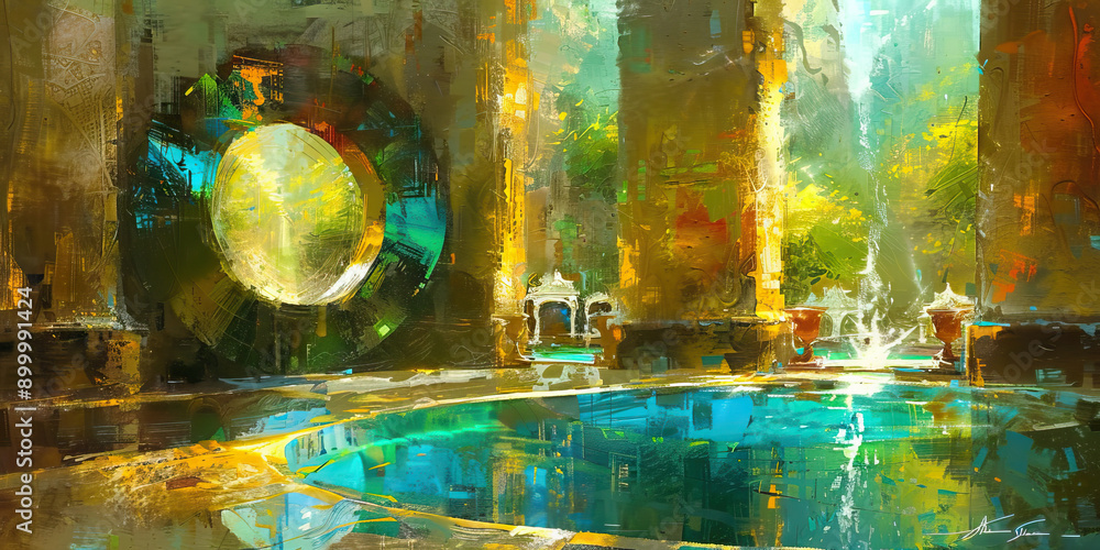 Φωτογραφία Through the Looking-Glass Maze: An intricate labyrinth of mirrors, leading to a shimmering pool at its center, surrounded by ornate furniture