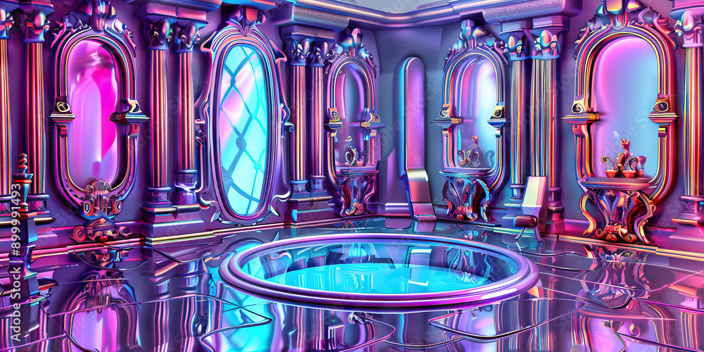 Φωτογραφία Through the Looking-Glass Maze: An intricate labyrinth of mirrors, leading to a shimmering pool at its center, surrounded by ornate furniture